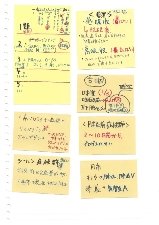 必修対策の付箋ノートの実物。感染症の類型や画像診断の見分け方を手書きでまとめたページ