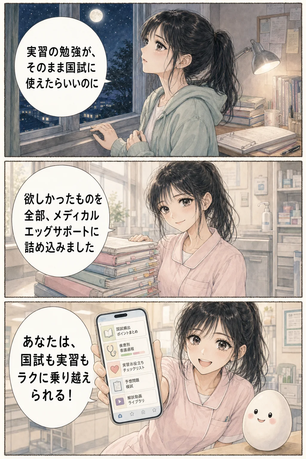漫画: 実習の勉強がそのまま国試に使えたらいいのにという学生時代の願いを、看護師になってメディカルエッグサポートとして形にした